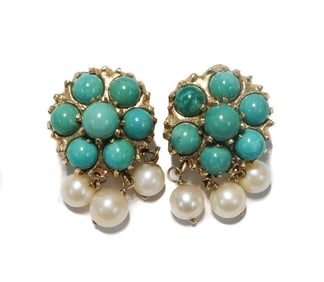 14k Yellow Gold Turquoise Clip Earrings