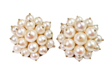 14k Yellow Gold Cluster Cultured Pearl Clip Back Earrings