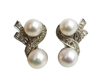 14k White Gold and Cultured Pear and White Sapphire Earrings.