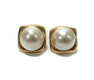 14k Yellow Gold and Cultured Pearl Square Earrings