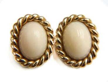 14k Yellow Gold and Angel Skin Coral Clip Earrings