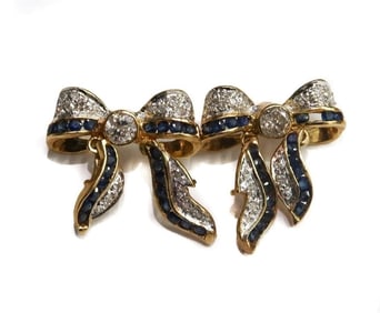 14k Yellow Gold Blue Spinel and Diamond Ribbon Earrings