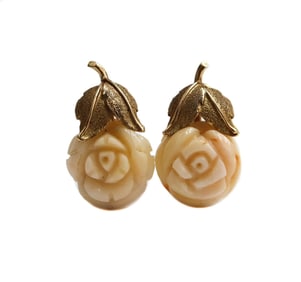14k Yellow Gold Carved Coral Rose Earrings