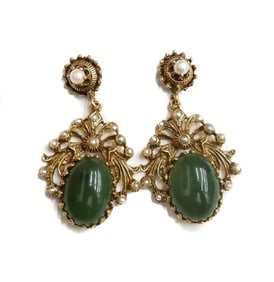 14k Yellow Gold Seed Pearl and Nephrite Jade Drop Earrings
