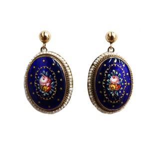 Pair French 14k Yellow Gold Blue Enamel and Seed Pearl Hand Painted Earrings.