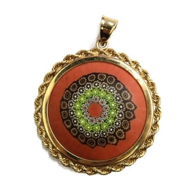 14k Yellow Gold Opaque and Translucent Millefiori Glass Necklace Pendant