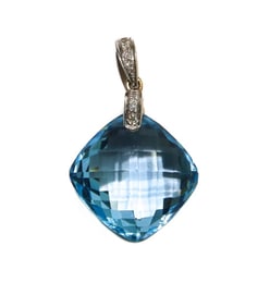 14k Yellow Gold Blue Topaz and White Sapphire Necklace Pendant