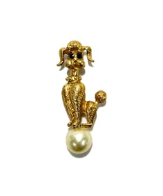 14k Yellow Gold Blue Sapphire and Cultured Pearl Poodle Dog Pin Brooch