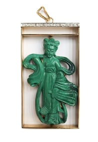 14k Yellow Gold Diamond and Carved Malachite Necklace Pendant