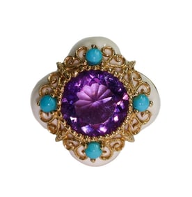 14k Yellow Gold White Coral Amethyst and Turquoise Ring, Size 7
