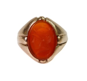 14k Yellow Gold and Carnelian Carved Men's Ring, Size 10.25