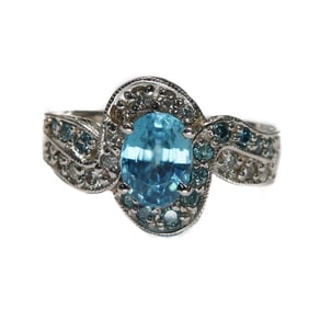14k White Gold Topaz, Blue and White Diamond Ring, Size 7.5