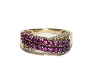 14k Yellow Gold Amethyst and Diamond Band Ring, Size 7.5