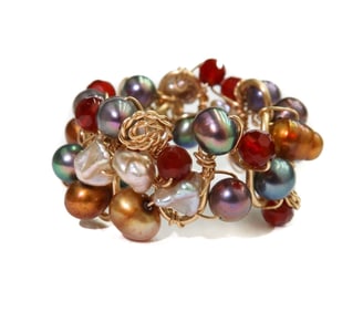 14k Yellow Gold Garnet and Multi-Colored Freshwater Pearl Ring, Size 10