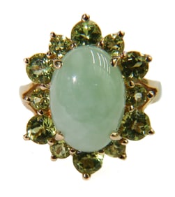 14k Yellow Gold Cabochon Jade and Peridot Halo Ring, Size 6