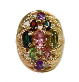 14k Yellow Gold Multi Gem Cluster Leaf Ring, Size 7.5