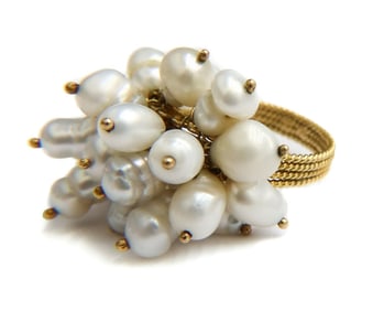 14k Yellow Gold and Freshwater Pearl Cluster Ring, Size 6.5