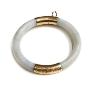 14k Yellow Gold and White Jade Bangle Bracelet