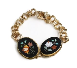 POM 14k Yellow Gold and Pietra Dura Bracelet, Mid Century