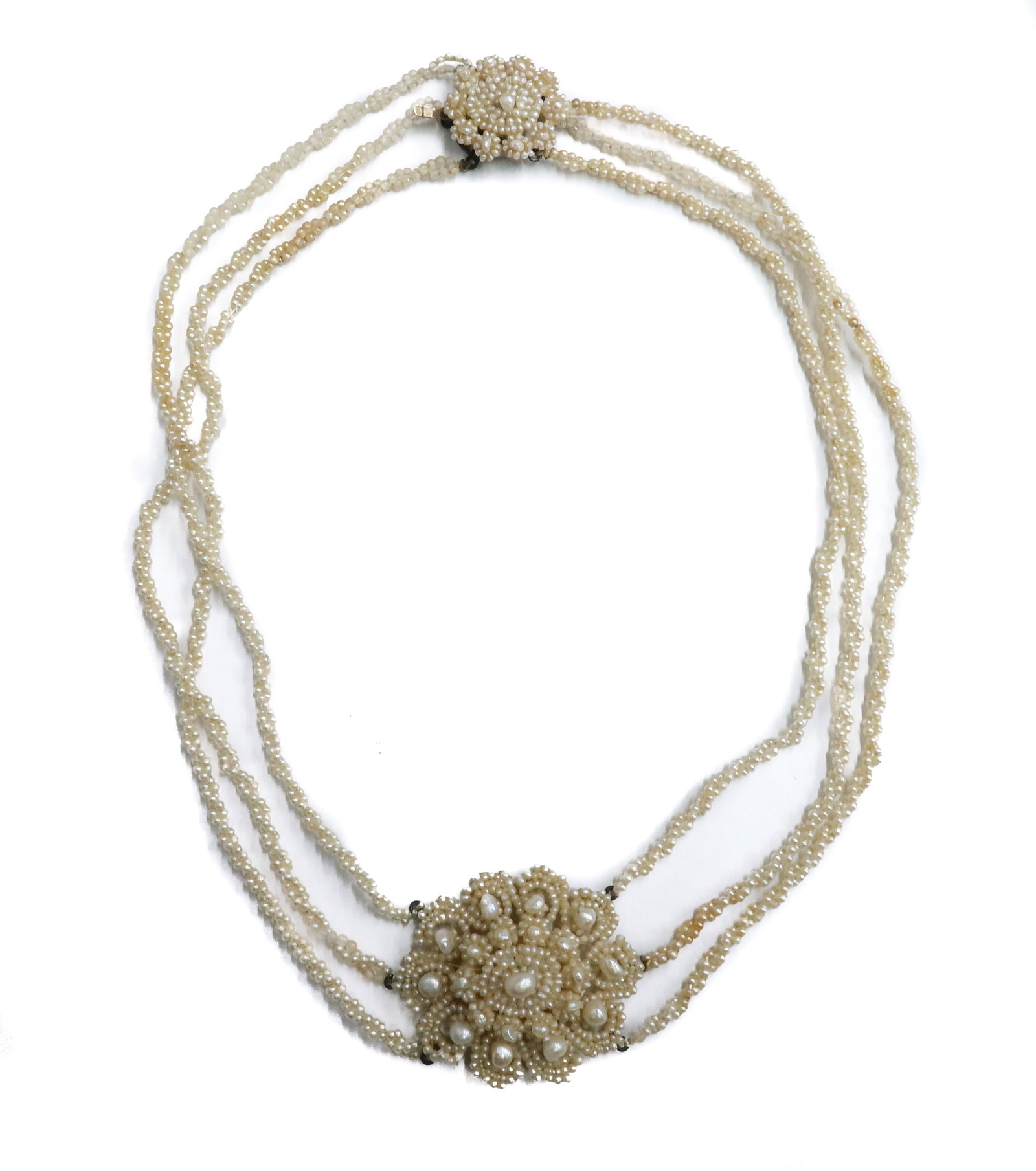 14k Yellow Gold and Seed Pearl 3 Strand Necklace: Victorian 14k Yellow Gold and Seed Pearl 3 Strand Necklace. 3 twisted pearls to strand with ornate seed pearl pendant. Clasp tests for 14k. Weight Approx., 16.74 gram Measures Approx., 16.5 inches len