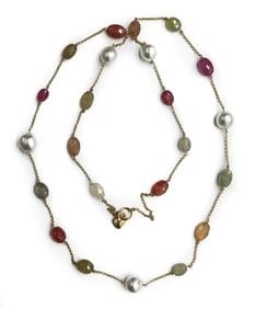 18k Yellow Gold Pearl, and Ruby and Multi-Color Sapphire Necklace