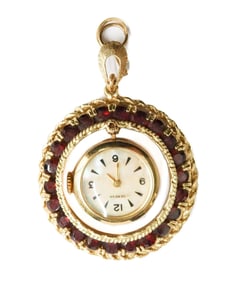 14k Yellow Gold Garnet and Mother of Pearl Geneva Pocket Watch Pendant