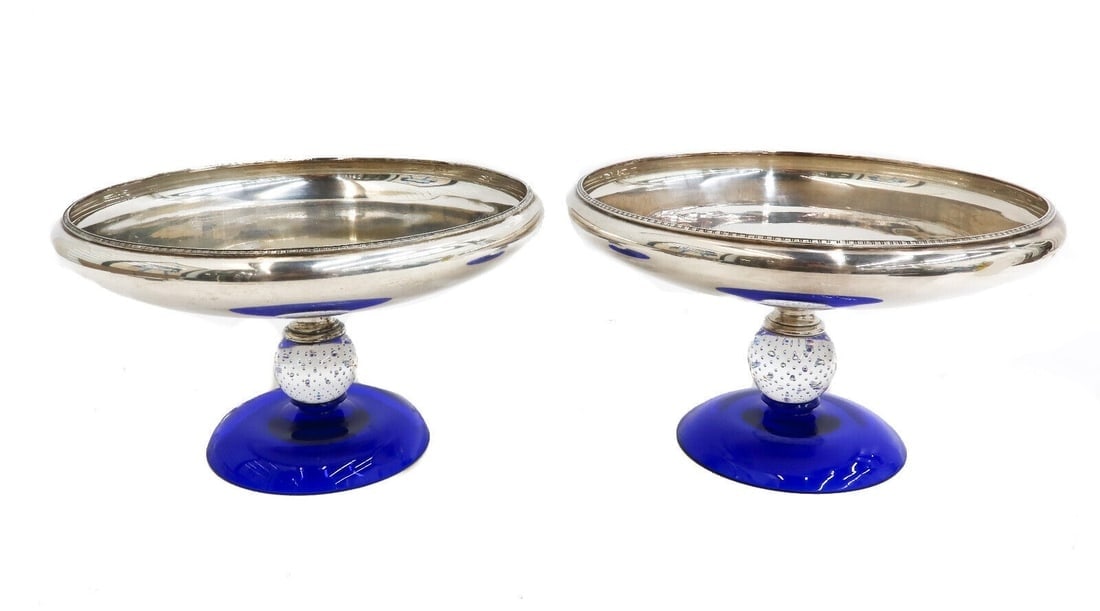 Pair Pairpoint Silverplate and Controlled Bubble Glass Footed Compotes Mid Cent (1 of 7)