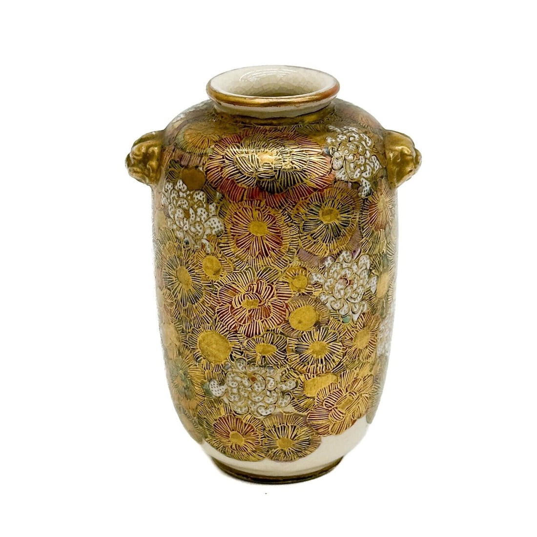 Nikko Japanese Satsuma Porcelain Millefleur Miniature Vase Late Meiji / Taisho: Nikko Japanese Satsuma Hand Painted Porcelain Millefleur Miniature Vase, late Meiji or Taisho period. Twin figural lion's head handles, body decorated with flowers, gilt and white enamel accents. Unde