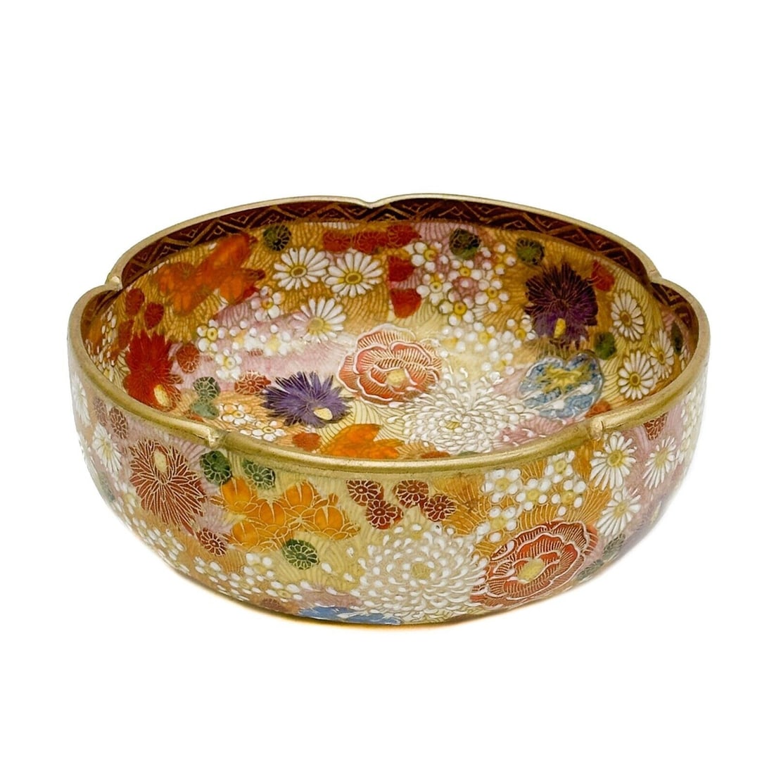 Japanese Satsuma Hand Painted Mille Fleur Porcelain Bowl Meiji period: Japanese Satsuma Hand Painted Mille Fleur Porcelain Bowl, Meiji period. Bowl ornately decorated with florals, white enamel and gilt accents. Gilt to the pinched rim. Underside marked Satsuma. Weight: 