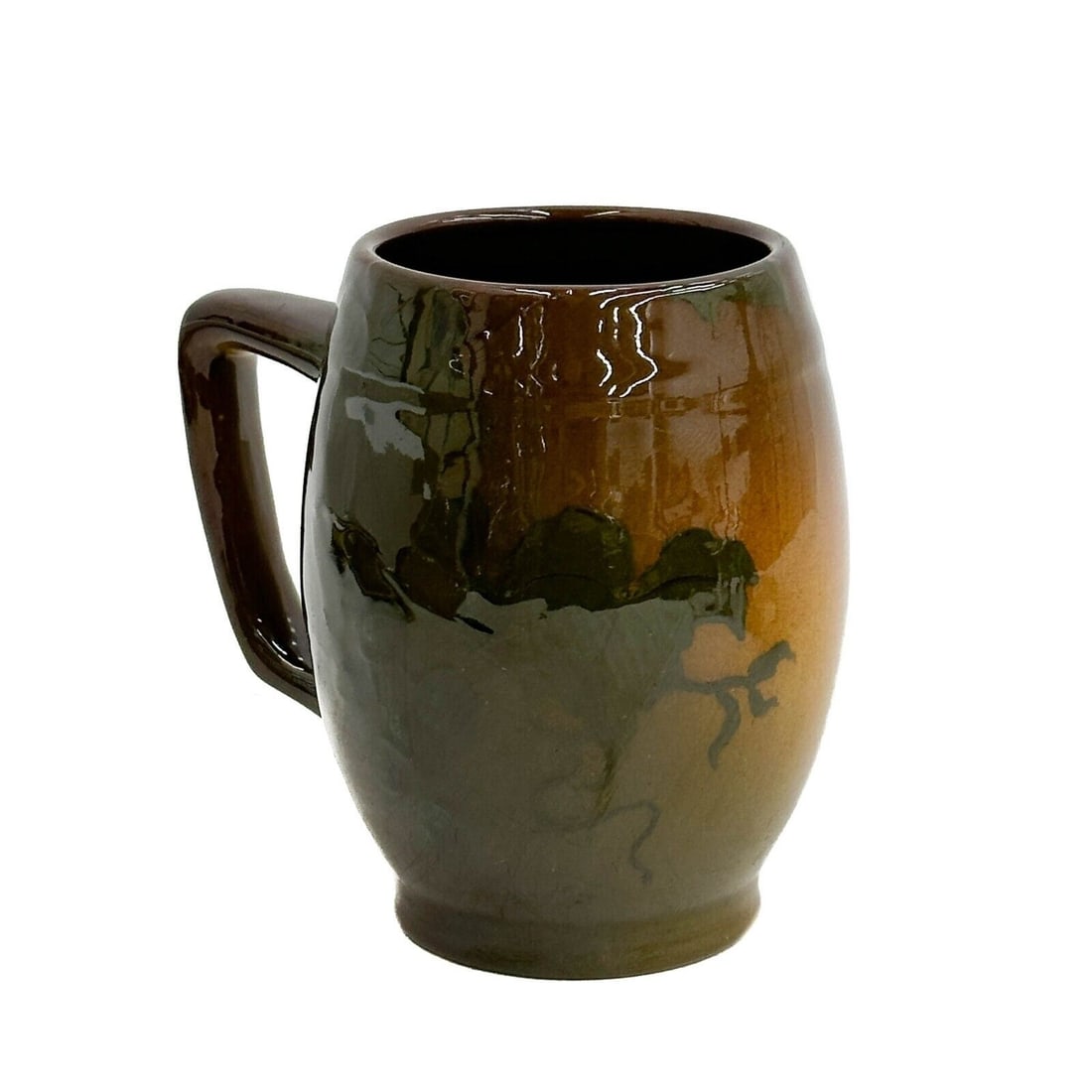 Rookwood Pottery Glazed Cup or Mug by Marian Smalley 1889 Grapevines: Rookwood Pottery Glazed Mug by Marian Smalley, 1889. A brown, orange and green ground decorated with grapes and grapevines. Underside with Rookwood marks, artist marks for Marian Smalley. Weight: Appr