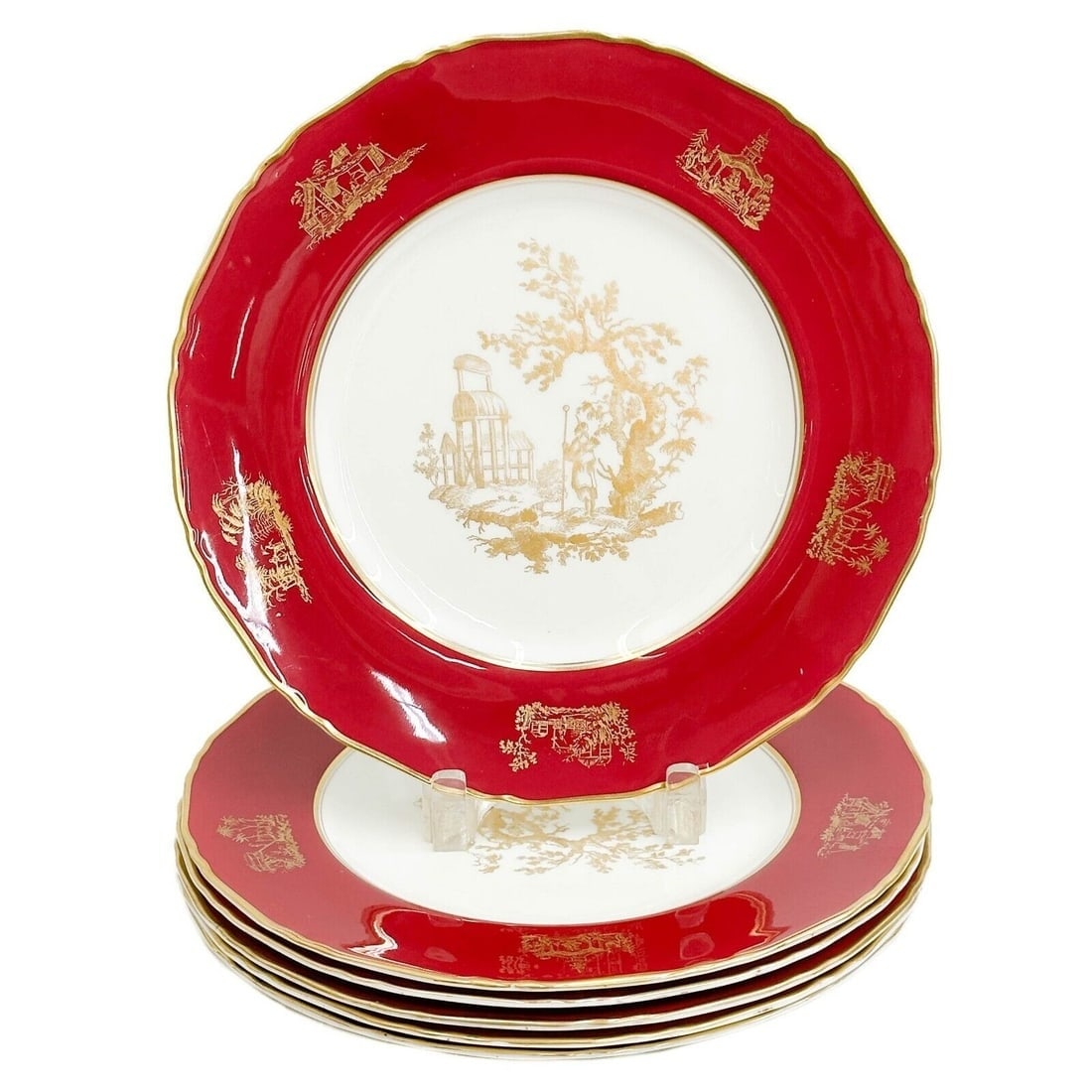 6 Royal Worcester Gilt Porcelain Dinner Plates Red 1950 (1 of 6)