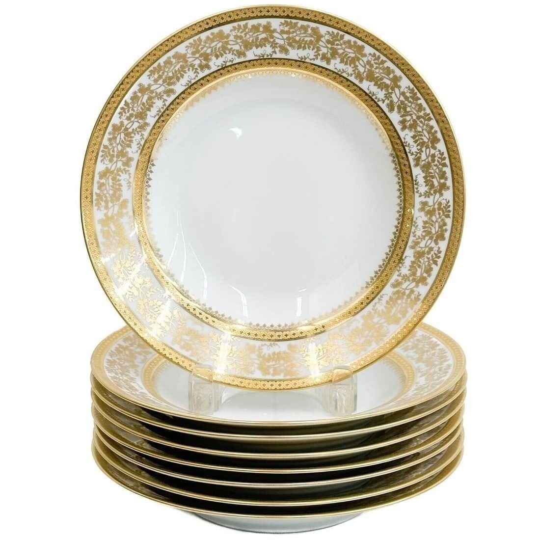 8 CH Field Haviland Limoges Porcelain Soup Bowls Incrustation Polie al'agate: 8 CH Field Haviland Limoges Gilt Porcelain rimmed soup bowls, 2nd half 20th century. A white ground with ornate floral gilt decoration to the edges. Underside marked CH Field Haviland Limoges, also ma