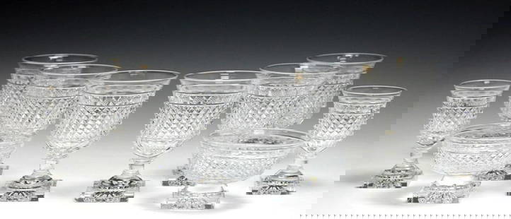 10 Kosta Edvin Ollers Cut Crystal Goblets: 10 Kosta Edvin Ollers Georgian Cut Crystal Goblets, assorted - 2 short stem compote glasses, 6 red wine glasses, 2 white wine glasses. Some glasses marked 'Kosta Sweden', others unmarked.Diamond patte