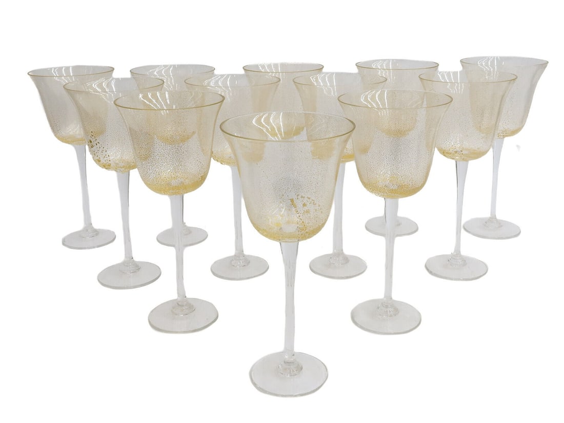 12 Vintage Otto Franek American Gold Fleck Leaf Glass Wine Goblets Signed: 12 Vintage Otto Franek American glass wine goblets. Gold fleck leaf to bowls. Signed "O. Franek" to base. Weight: Approx. 7 lbs Measurements: Approx. 4 inches diameter x 8.5 inches tall Domestic Shipp