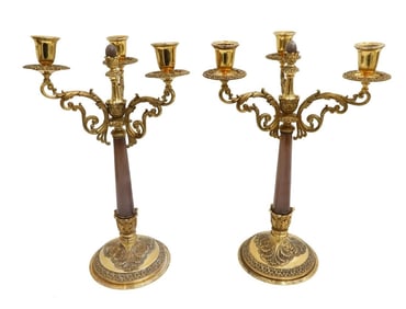 Pair Buccellati Italian Gilt Sterling Silver and Brown Agate 3 Arm Candelabras