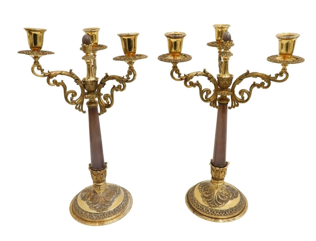 Pair Buccellati Italian Gilt Sterling Silver and Brown Agate 3 Arm Candelabras