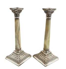 Pair Thomas Woolley Birmingham Sterling Silver and White Agate Candlesticks 1905