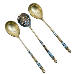 3 Russian Nikolay Alekseyev Moscow 88 Gilt Silver Cloisonne Enamel Spoons c1890