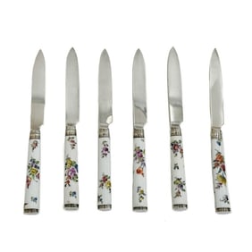 6 Chawner & Co English Sterling Silver Porcelain Handled Knives 1877
