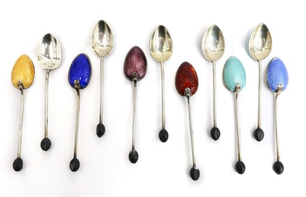 11 Barker Brothers Silver Ltd Birmingham Sterling Silver and Guilloche Enamel Demitasse Spoons, 1930