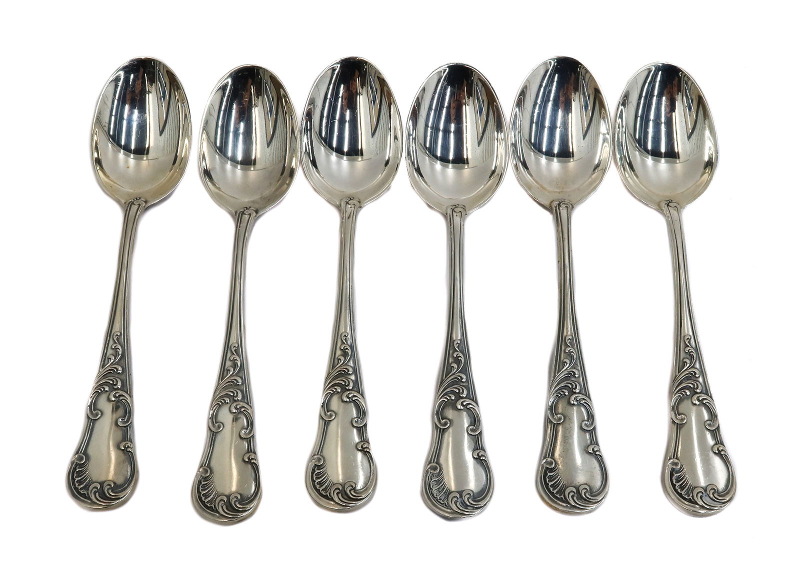 6 Buccellati Teaspoons in Quirinale: 6 Buccellati Teaspoons in Quirinale.Foliate scroll design to handle. Marked Buccellati sterling. Weight Approx., 9.13 ozt Measures Approx., 6 inches length Domestic Shipping:$25