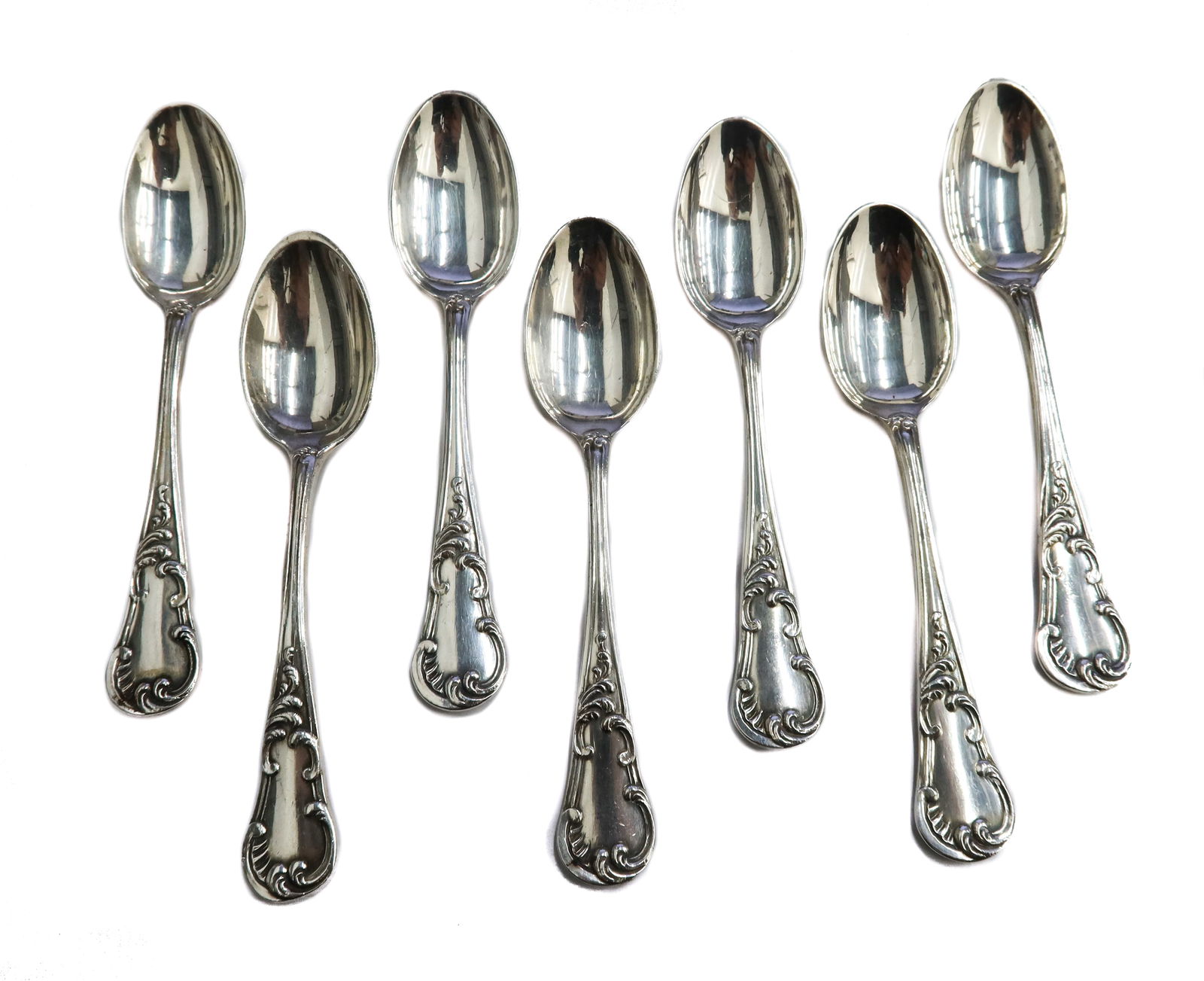 7 Buccellati Demitasse Spoons in Quirinale: 7 Buccellati Demitasse Spoons in Quirinale. .Foliate scroll design to handle. Marked Buccellati sterling. Weight Approx., 4.05 ozt Measures Approx., 4 inches length Domestic Shipping:$25