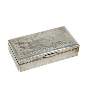 Kiichi Kuroda Koji Japanese Sterling Silver Cigar Box Pagoda Scene Signed Koji