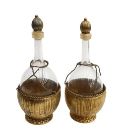 Pair Italian Gilt Silver Overlay and Gold Fleck Glass Bottles.