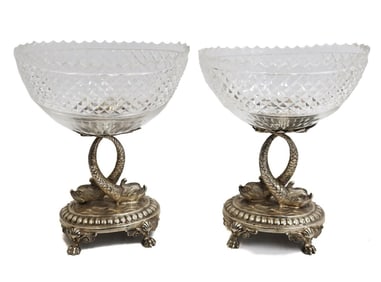 Pair JD Schleissner Söhne German 800 Silver and Cut Glass Dolphin Footed Bowls