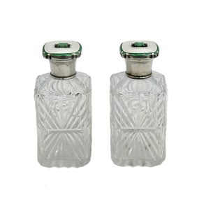 Pair Mappin & Webb Silver Enamel & Jade Cut Glass Perfume Scent Bottles 1935