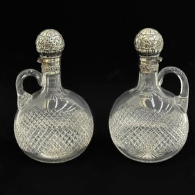 Pair Gorham Sterling Silver Mounted Cut Glass Jugs 1887 / 1888