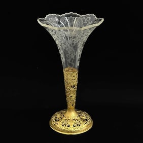 German Gilt Sterling Silver Mounted Etched Glass Trumpet Form Vase c1900