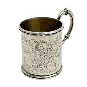 London English Sterling Silver Engraved Leaves Mug 1873