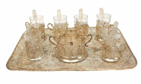 Middle Eastern Sterling Silver Filigree & Glass Tea Service for 6
